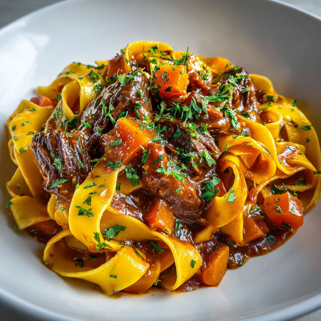 Assiette de pappardelles bœuf braisé et courge sur une table blanche.