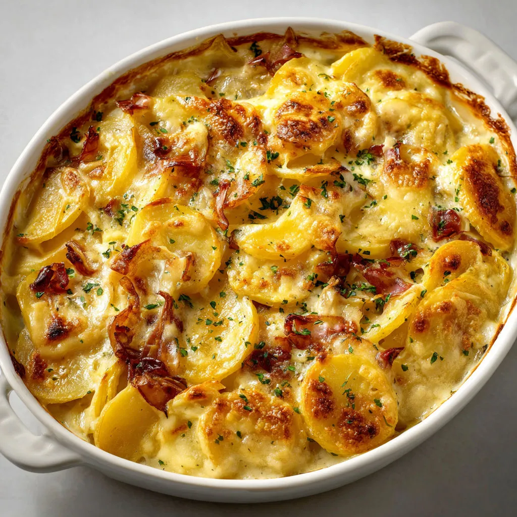 Pommes de terre fondantes, reblochon doré et oignons pour une tartiflette végétarienne gourmande.