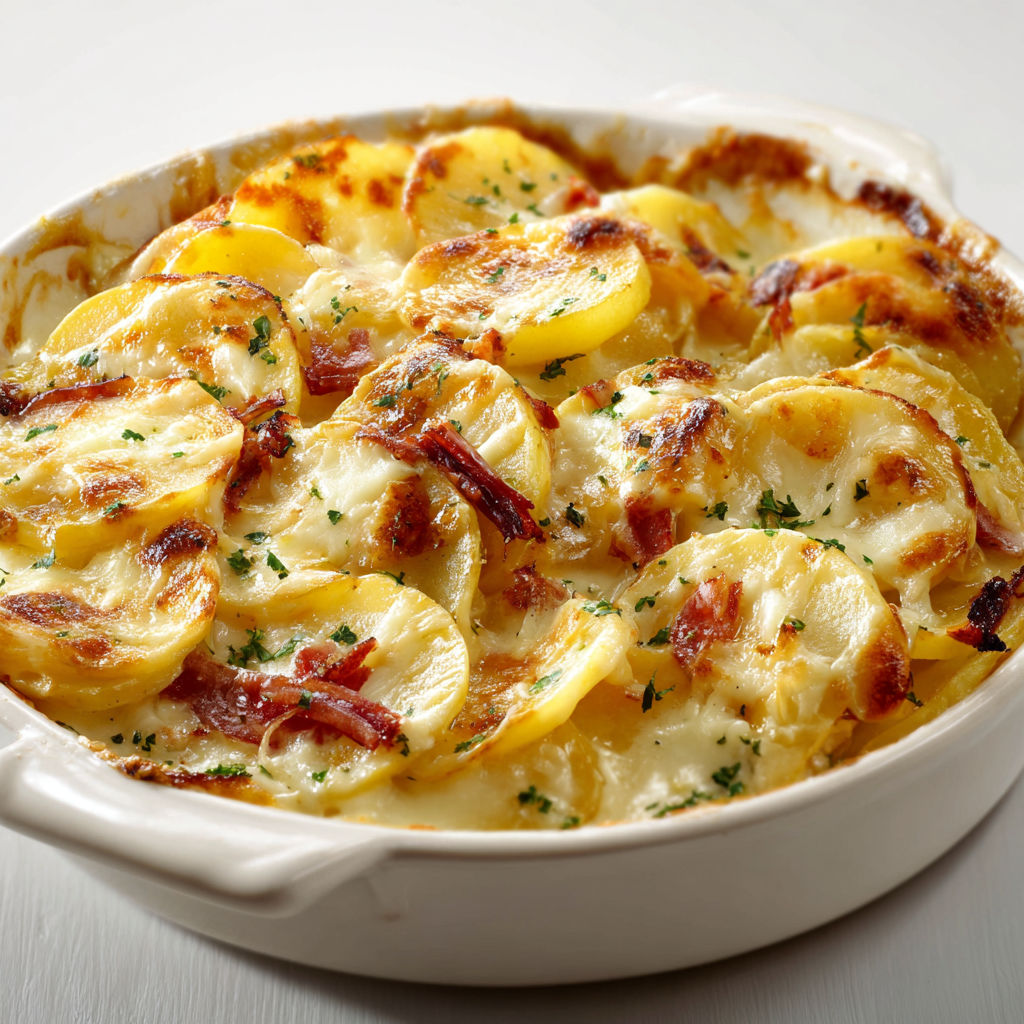 Délicieuse tartiflette végétarienne fondante avec pommes de terre et reblochon coulant et gratiné.