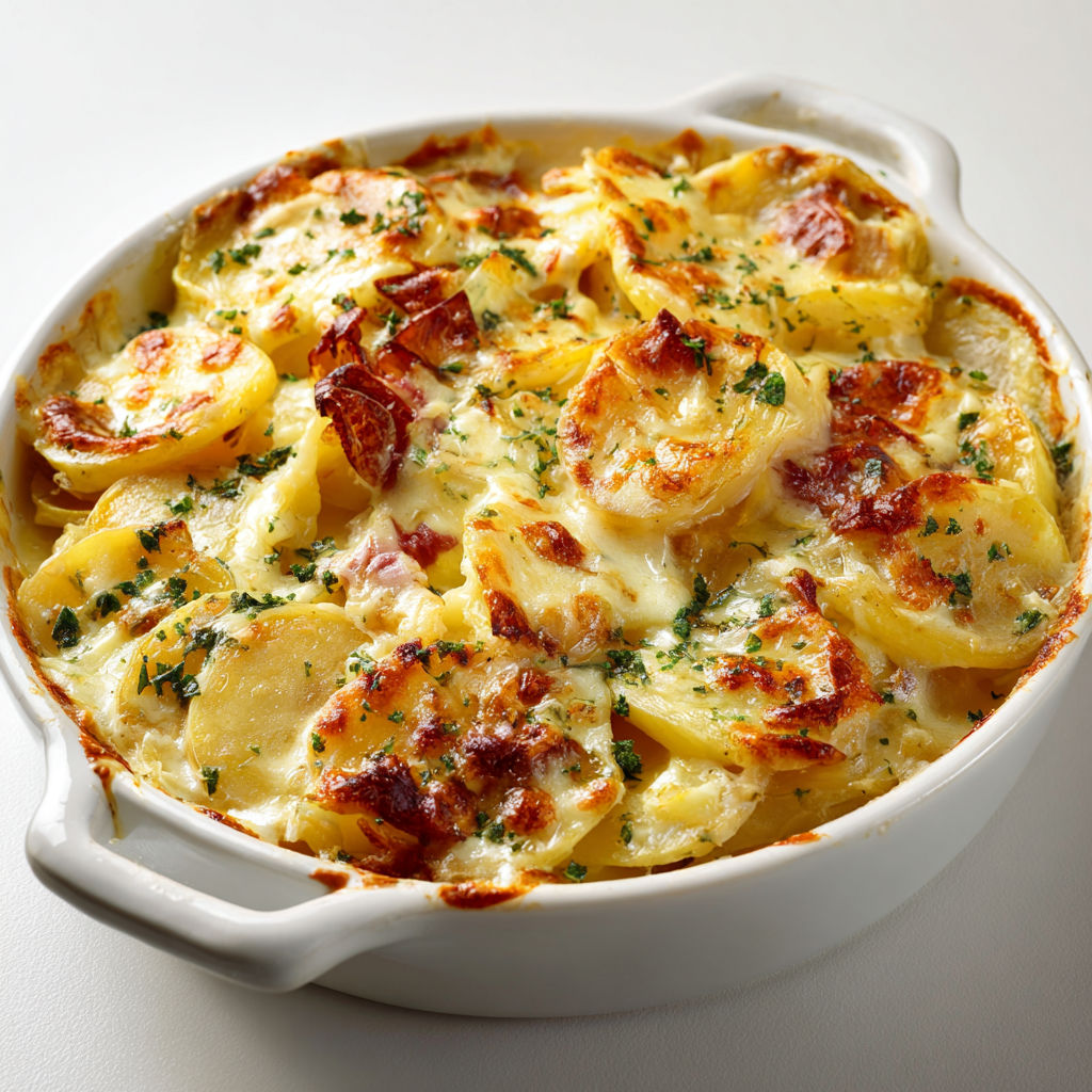 Appétissante tartiflette végétarienne avec reblochon coulant, pommes de terre moelleuses et herbes fraîches.