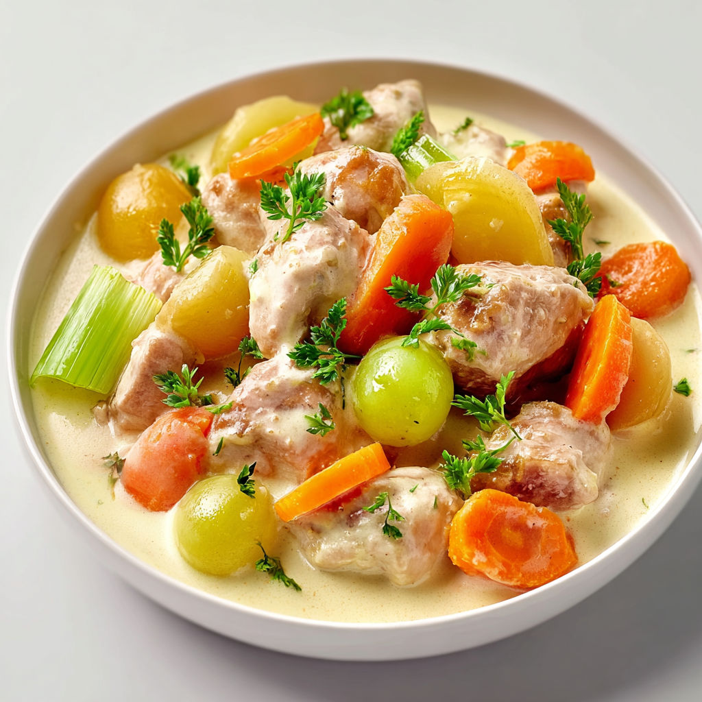 Des morceaux de veau mijotés avec légumes et une sauce riche.