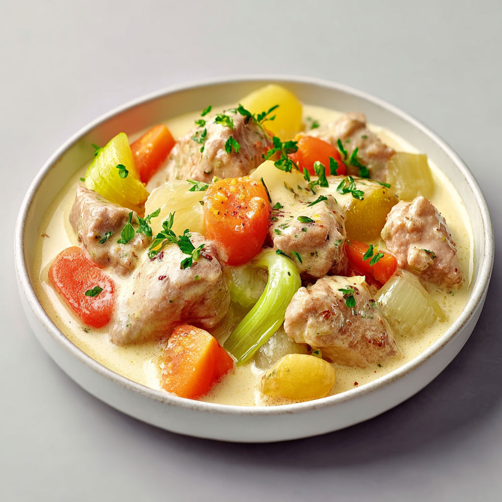 Blanquette de veau revisitée, toute fondante, sauce douce à la vanille et légumes mijotés.