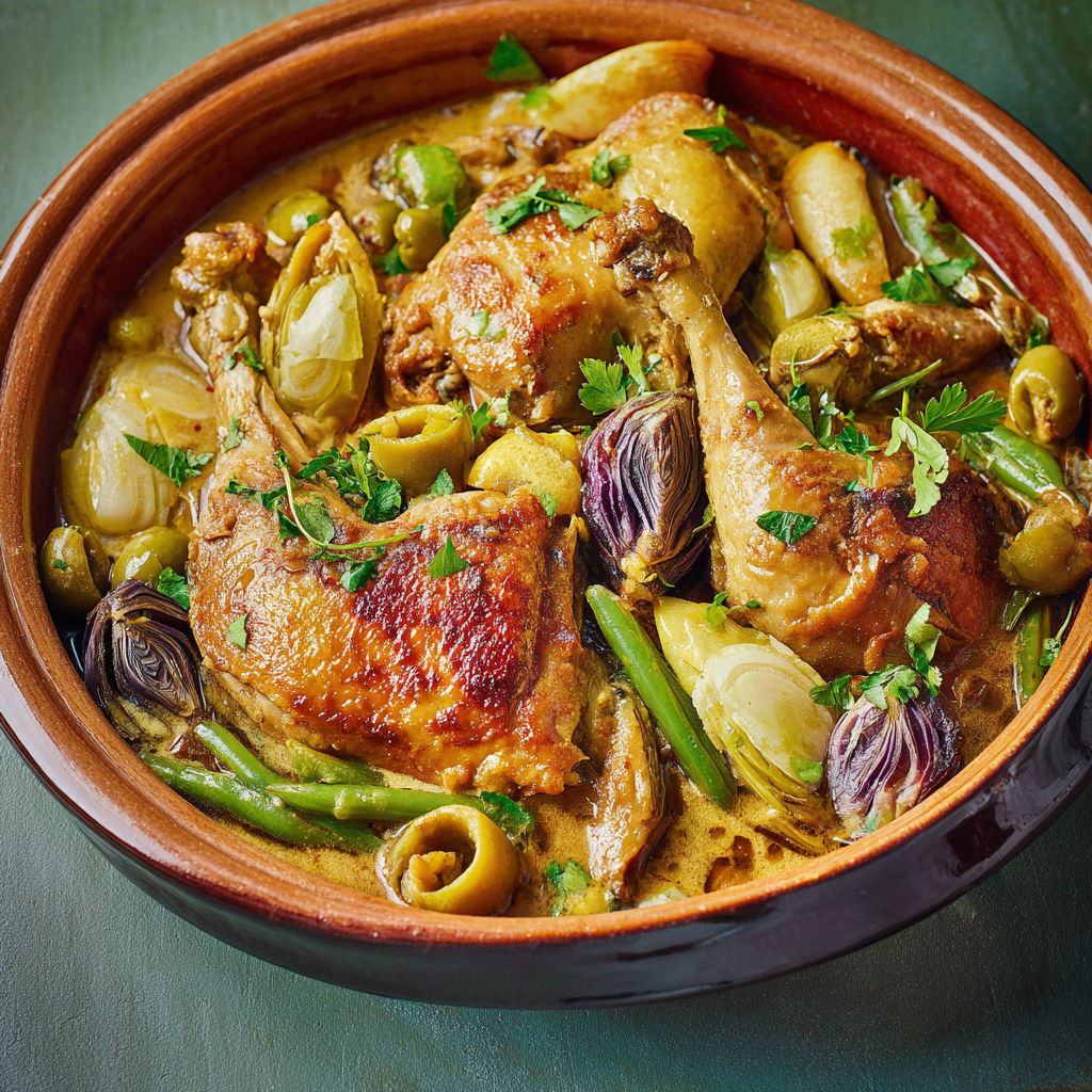 Une délicieuse pintade avec des légumes frais du printemps.