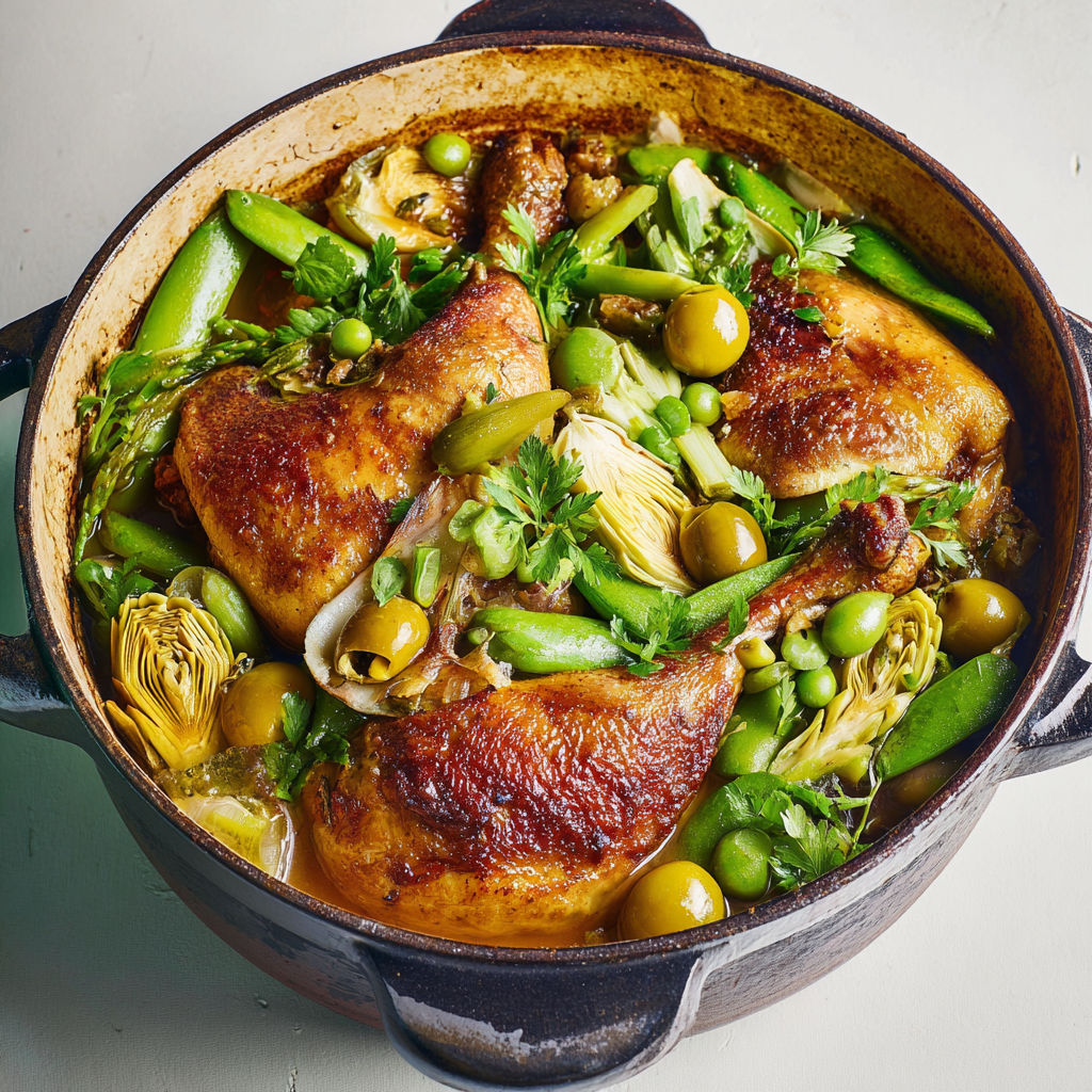 Pintade mijotée aux légumes printaniers et épices façon maroc avec touches d’herbes et d’agrumes.