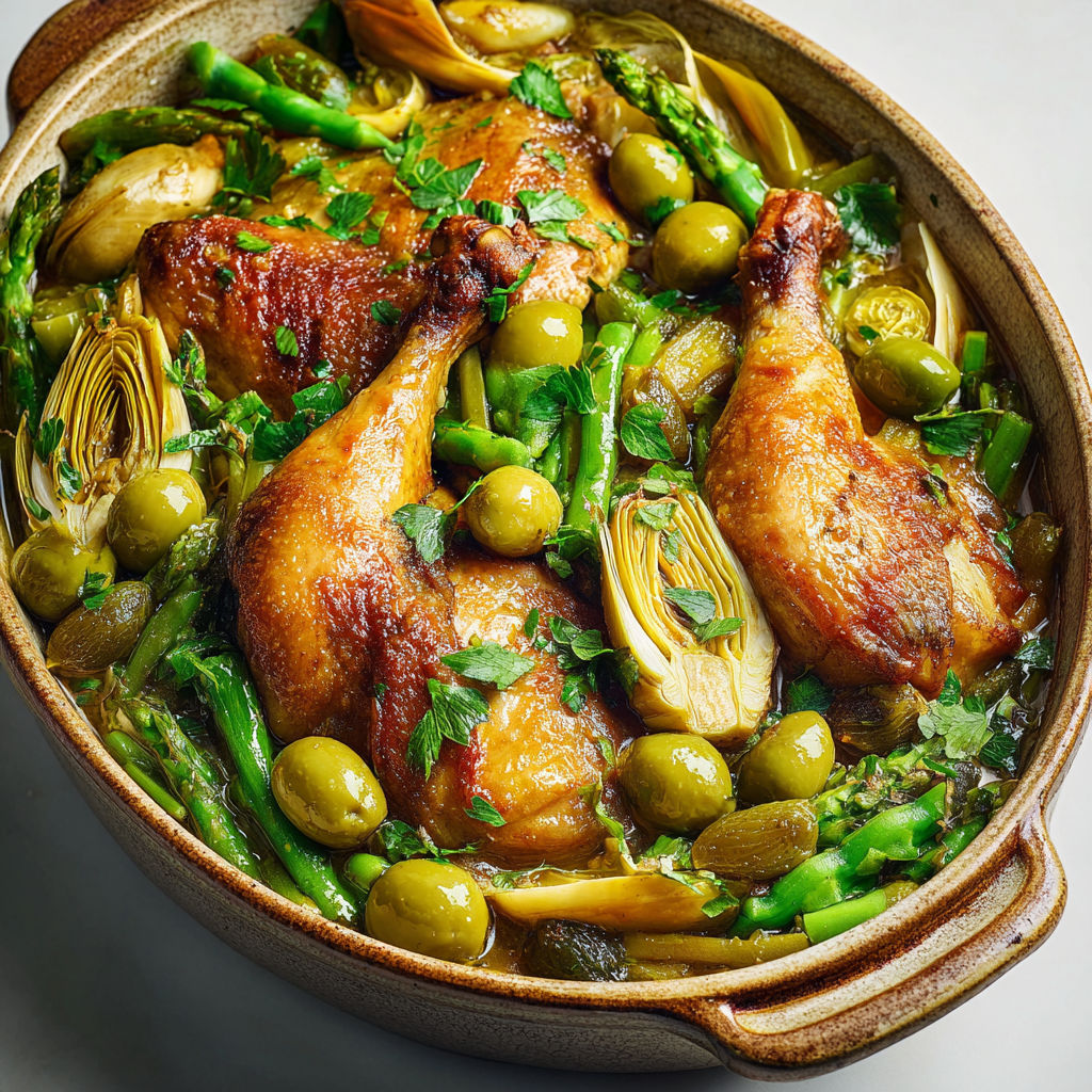 Plat généreux de pintade et légumes parfumés aux épices marocaines, olives et herbes fraîches.