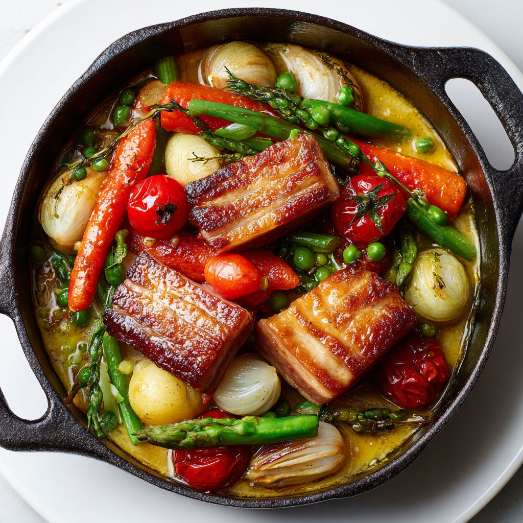 Légumes mijotés et lard tendre dans une sauce onctueuse, à savourer en famille.