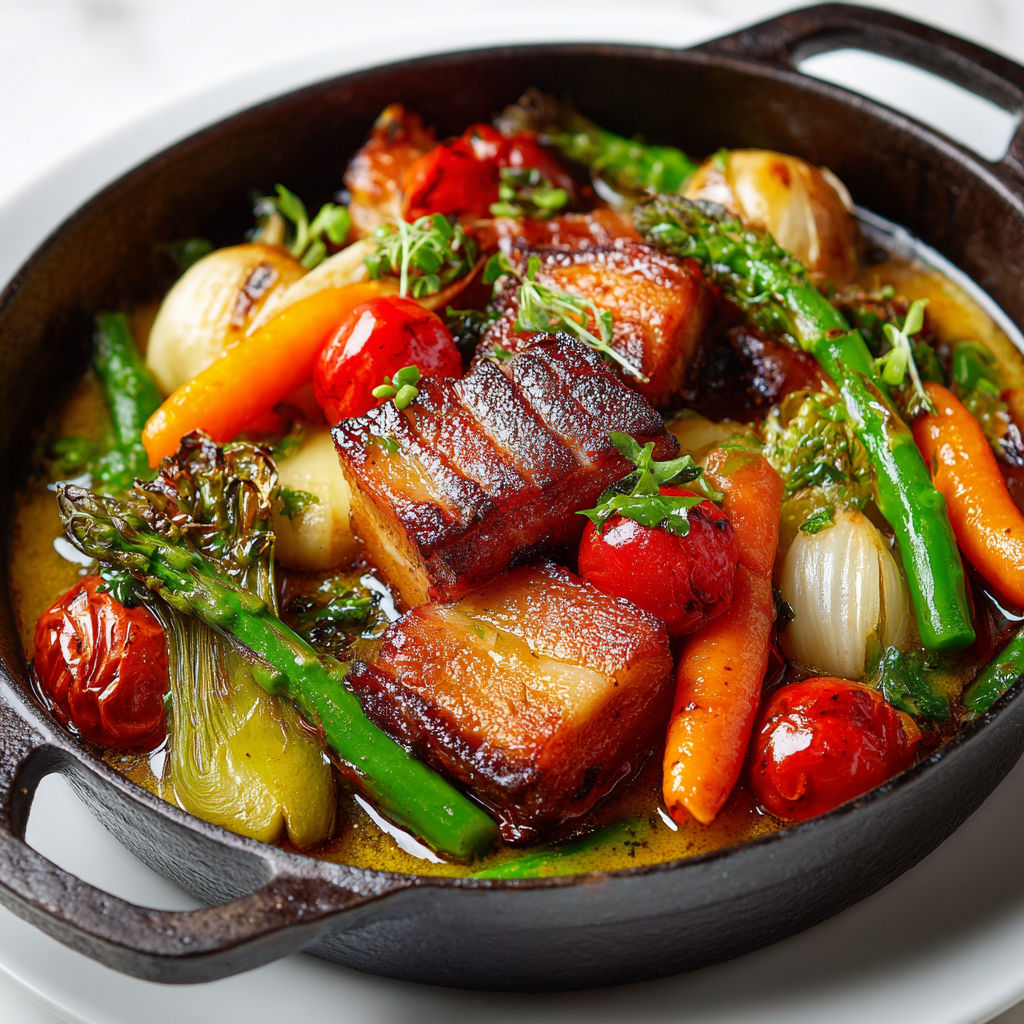 Plat réconfortant de légumes printaniers et poitrine de porc moelleuse, parfums délicats du printemps.