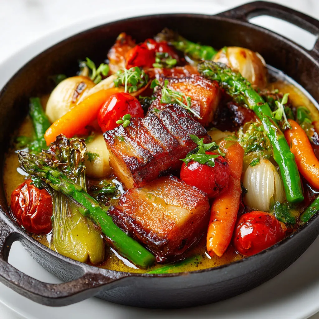 Plat réconfortant de légumes printaniers et poitrine de porc moelleuse, parfums délicats du printemps.