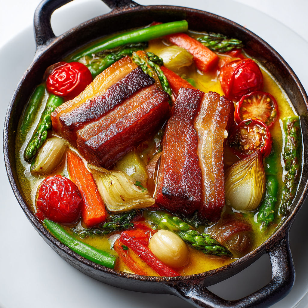 Mijoté familial de légumes croquants et poitrine de porc demi-sel, brillance de miel et bouillon relevé.