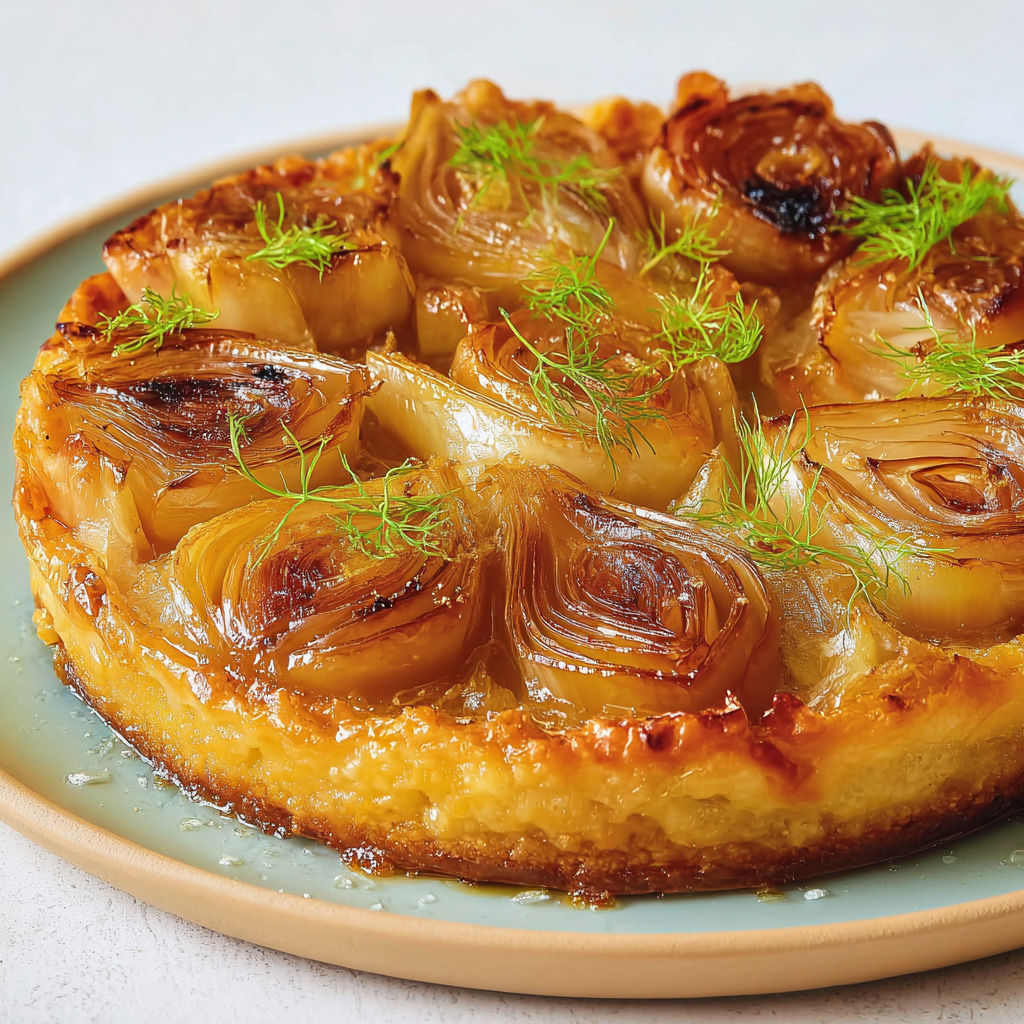 Tarte renversée gourmande avec fenouil rôti, croûte à base d’amande, et parmesan, parfumée et légèrement sucrée-salée.