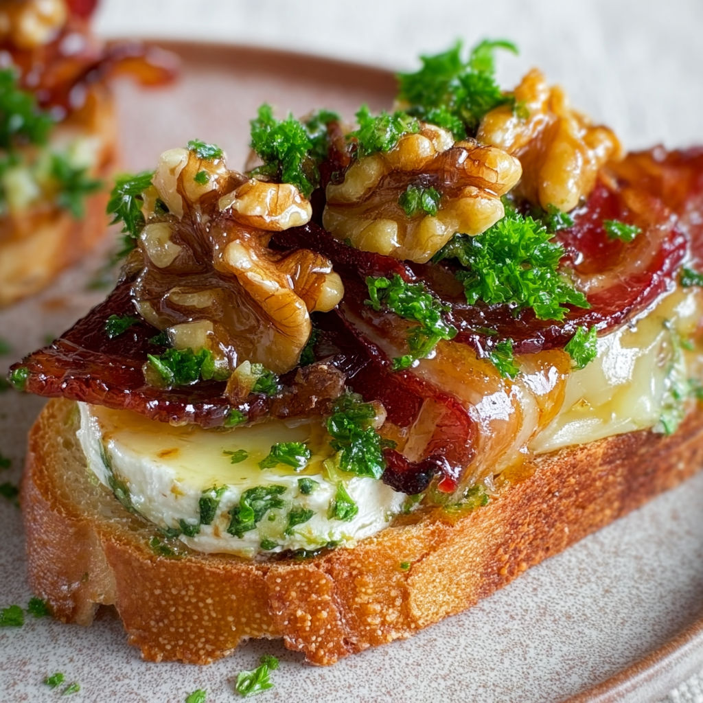 Tranche de pain doré avec camembert coulant, noix croquantes et filet de sirop d’érable.