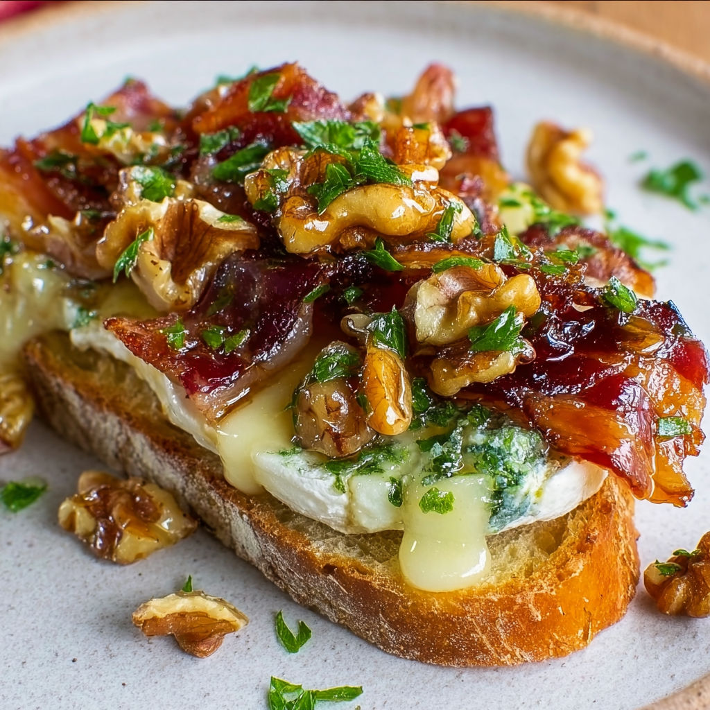 Tartines gratinées bien fondantes au camembert, arrosées de sirop d’érable, garnies de bacon croustillant.