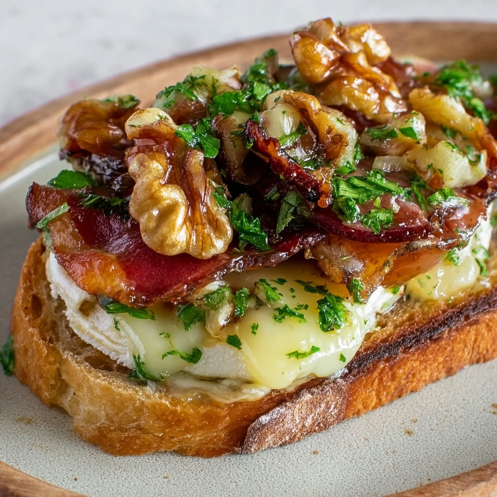 Tartines moelleuses façon Québec, alliance sucré-salé de camembert, lard croquant et noix nappées de sirop d’érable.