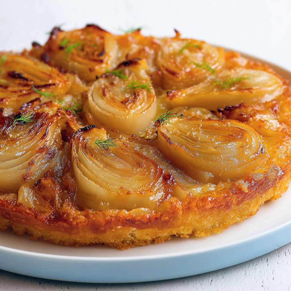 Tatin façon fenouil fondant et parmesan, pâte croustillante et saveurs du Sud, belle croûte dorée et touche anisée.