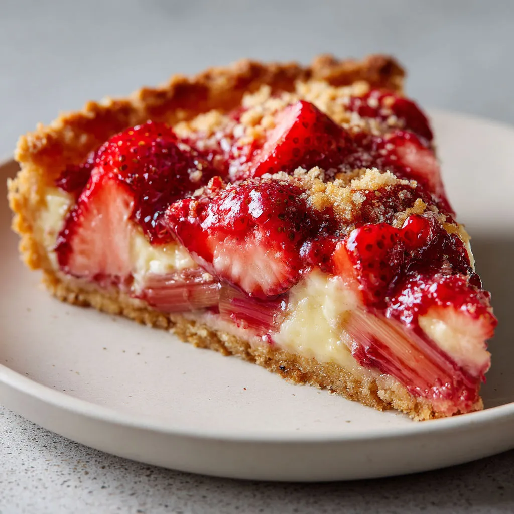 Une association savoureuse de fraises, rhubarbe et amandes sur pâte croustillante.