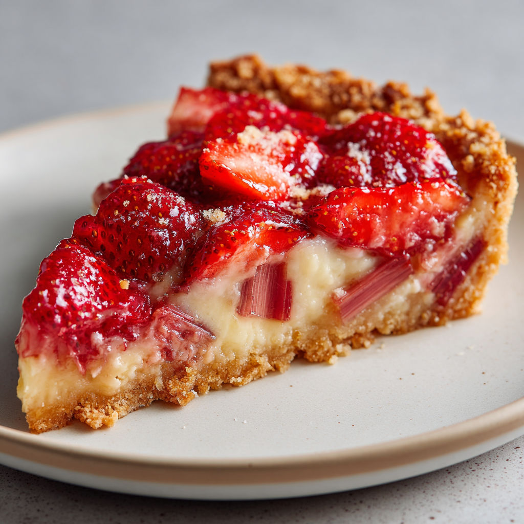 Tarte fraises rhubarbe et amandes esprit pâtisserie, fruitée et crémeuse.