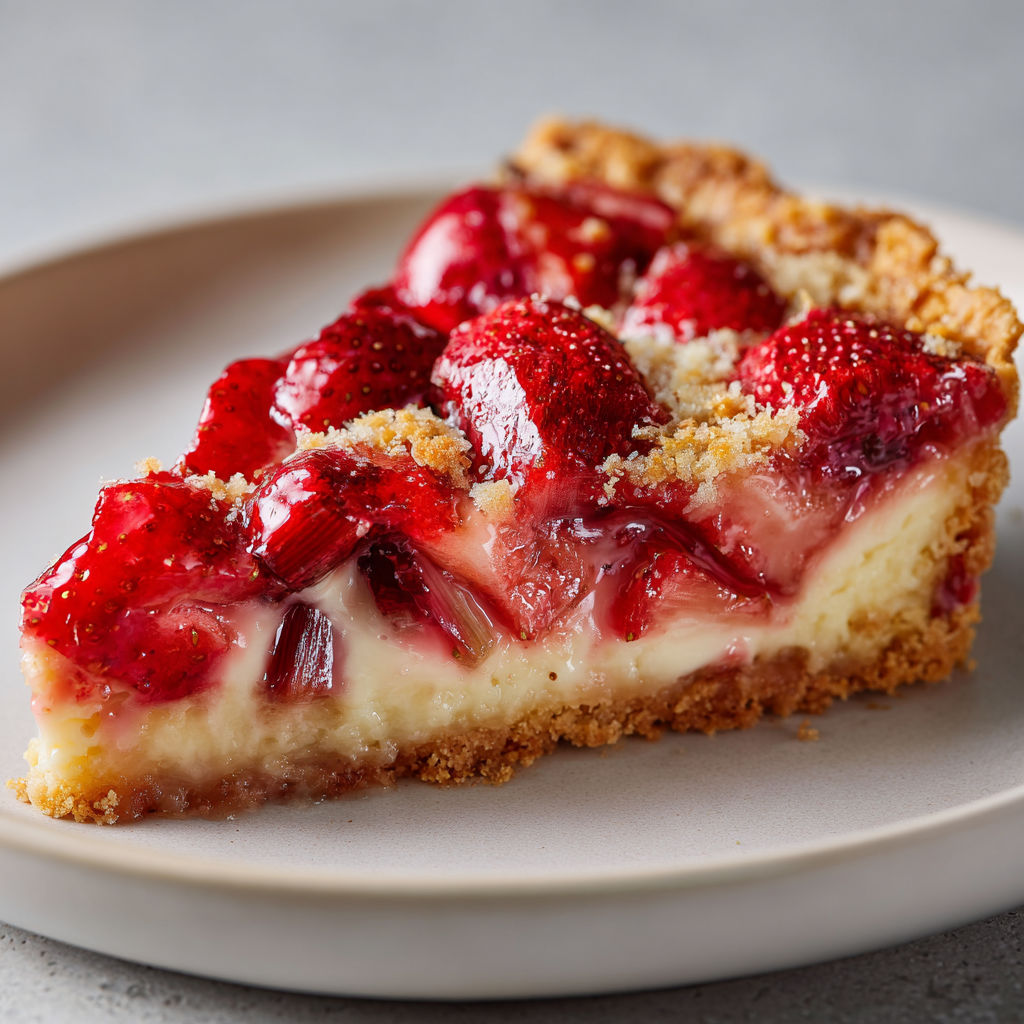 Tarte généreuse à la fraise fraîche et rhubarbe fondante, sur une base sablée et crème fondante.