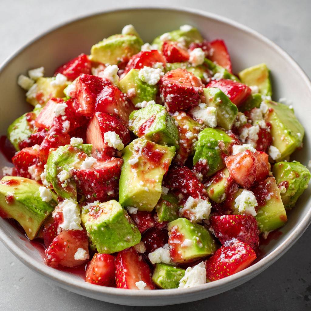 Un bol rempli de salade colorée au chèvre, avocat et fraises.