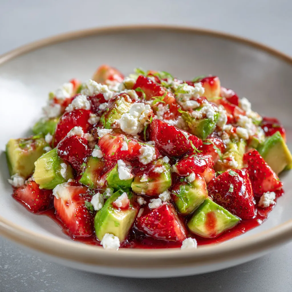 Chèvre frais avec avocat et fraises, tout doux avec une pointe fruitée acidulée.
