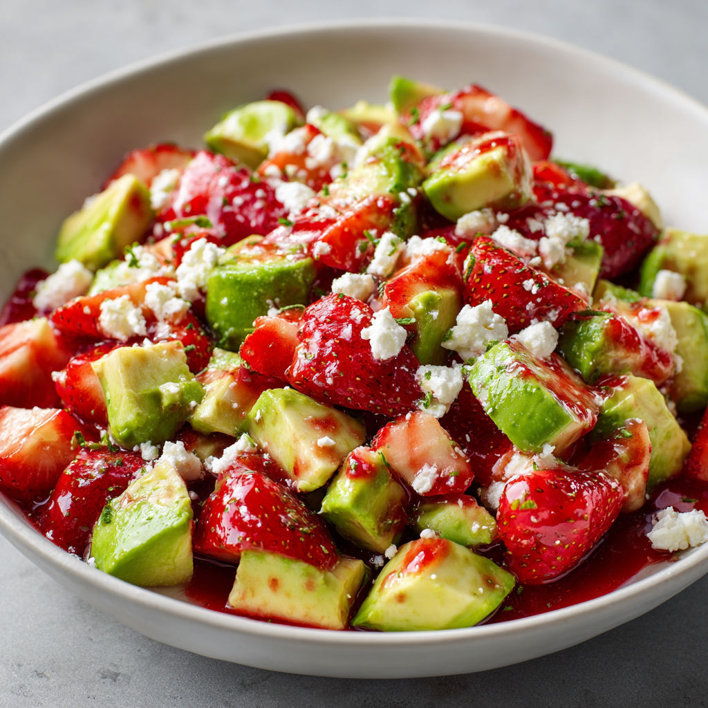 Sucré-salé de chèvre, avocat, fraise et coulis, tout fondant et frais avec une note de citron.