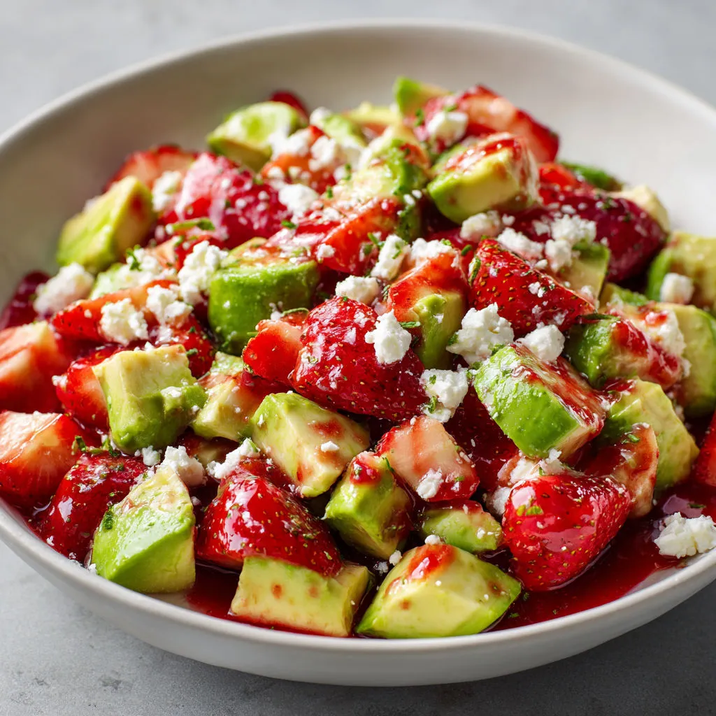Sucré-salé de chèvre, avocat, fraise et coulis, tout fondant et frais avec une note de citron.