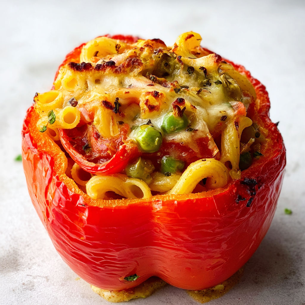 Poivron garni de pâtes et fromage, une idée savoureuse pour raviver les restes.