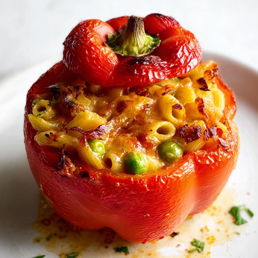 Poivrons garnis de restes de pâtes et légumes, bien gratinés, zéro gâchis et plein de couleurs.