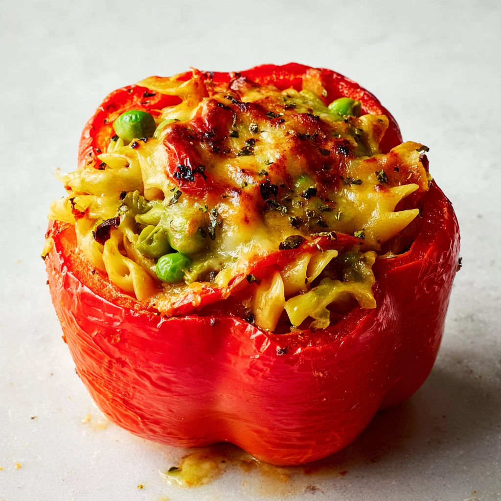 Poivrons bien rôtis, garnis de pâtes et petits pois, tout fondant avec un peu de croquant en surface.