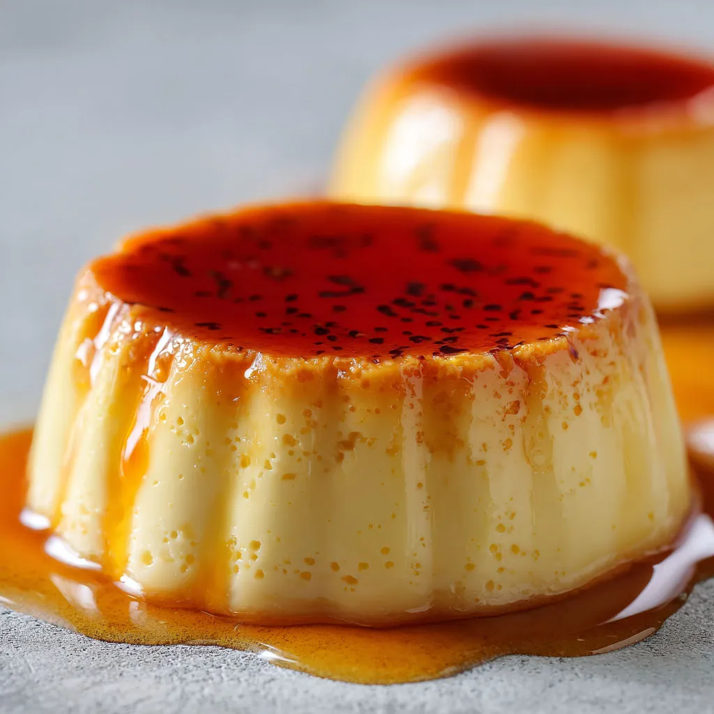 Dessert de crème caramel doré, placé sur un plateau élégant avec sauce caramel versée sur le dessus.