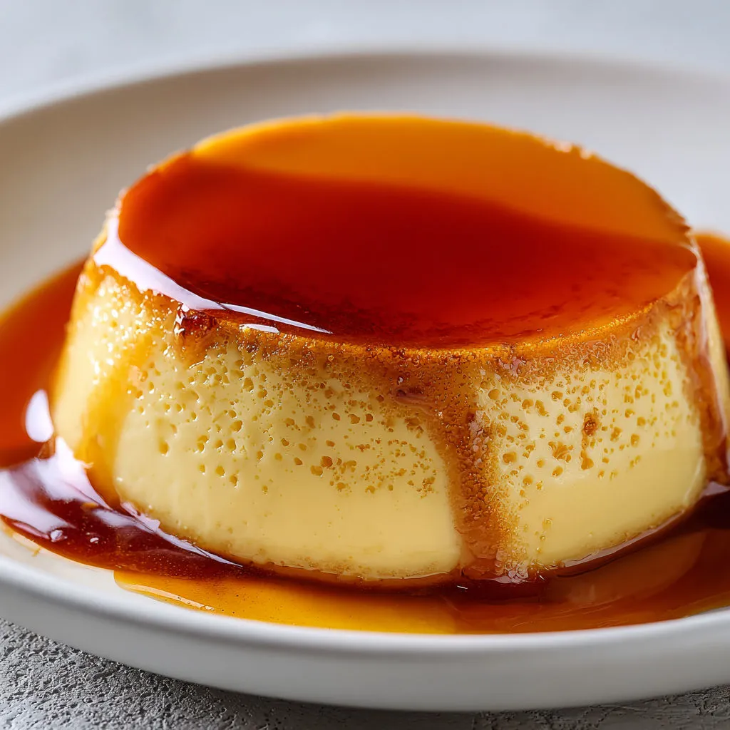 Flan aux œufs bien lisse, recouvert de caramel, doux et crémeux après une cuisson douce au bain-marie.