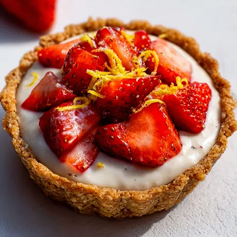 Une gourmandise vegan aux fraises et citron servie sur une table blanche.