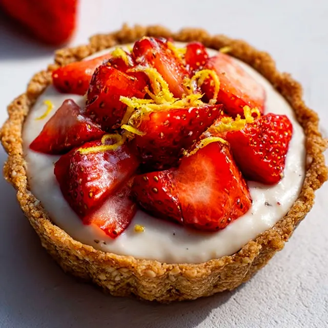 Une gourmandise vegan aux fraises et citron servie sur une table blanche.
