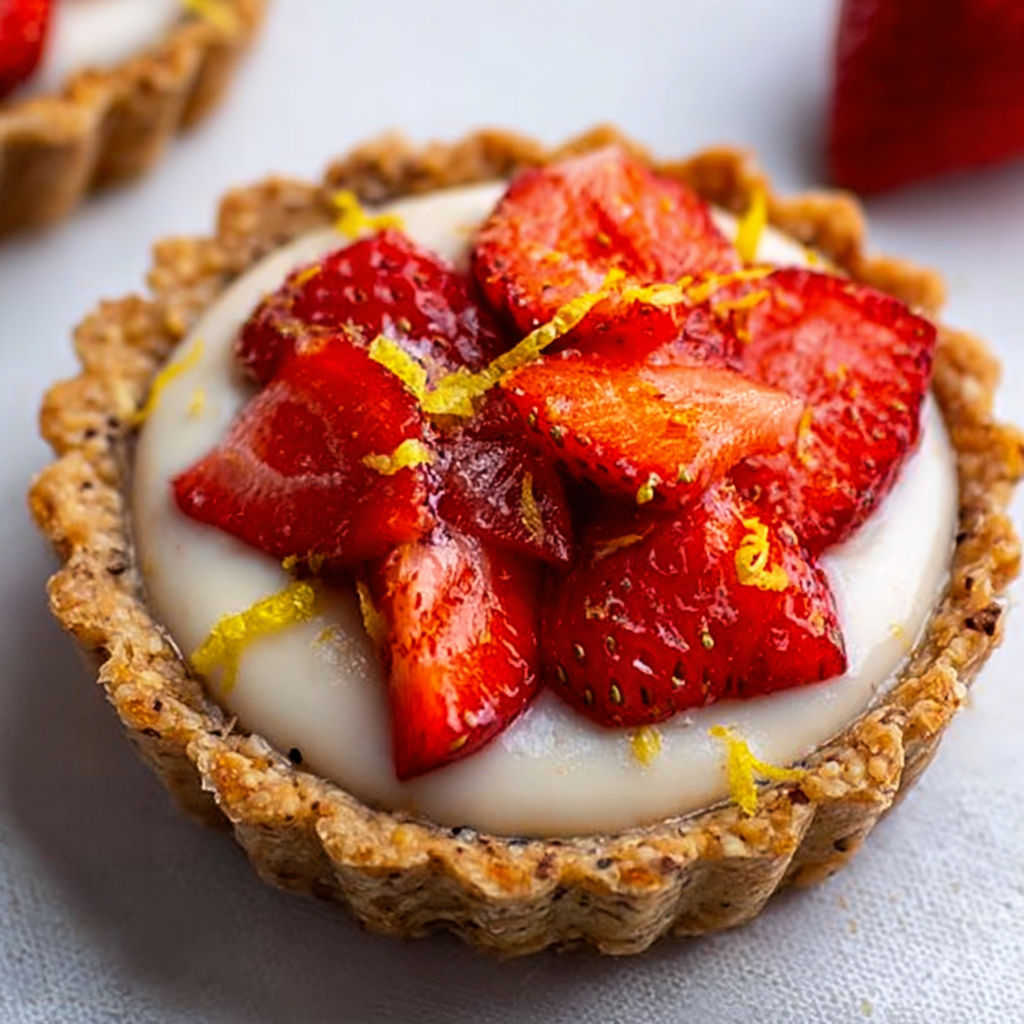 Petites tartelettes vegan aux fraises, crème douce au lait d’amande et sirop d’érable, très fraîches et fruitées.
