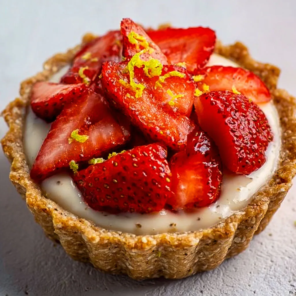 Tartelettes aux fraises sans lait, pâte à l’amande et flocons d’avoine, crème à la vanille toute légère.