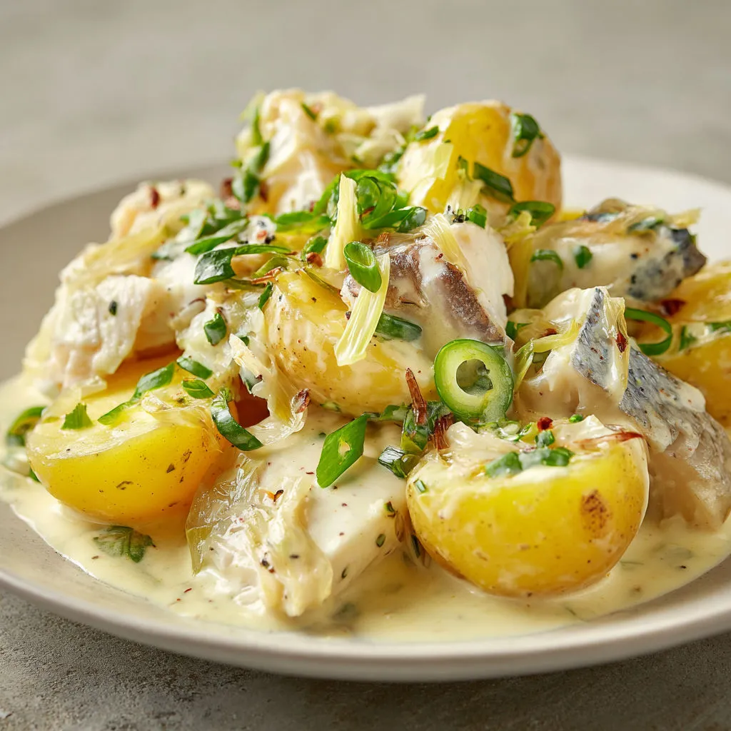 Assiette fumante de pommes avec haddock et poireaux garnis d’herbes fraîches.