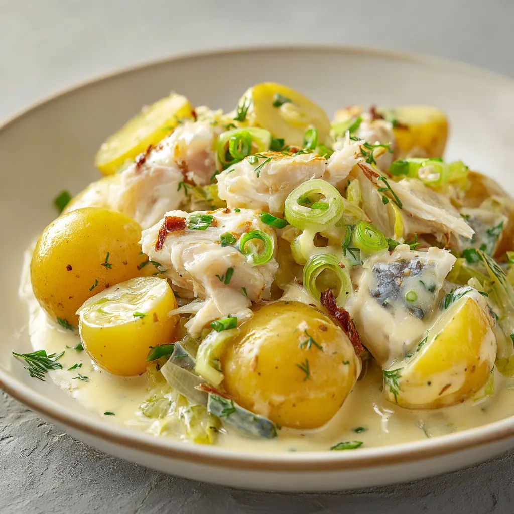 Pommes de terre tièdes, haddock fumé, poireaux tendres et crème onctueuse, le tout super réconfortant.