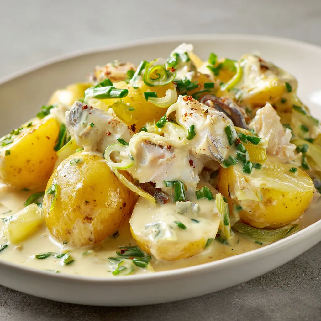 Délicieuse poêlée de pommes de terre, poisson fumé et légumes tendres, nappée de crème épaisse et parfumée à la ciboulette.