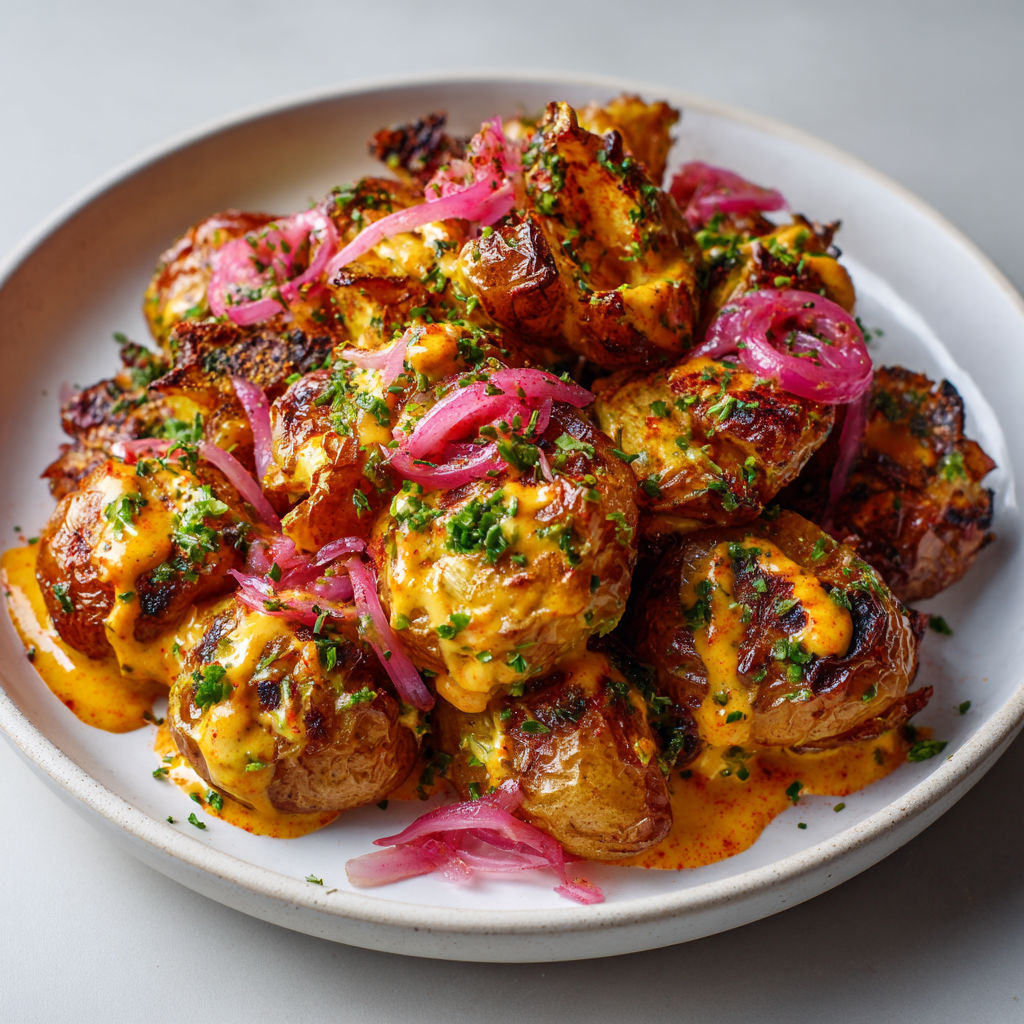 Des pommes de terre rôties et écrasées nappées d'une mayo épicée au citron, disposées sur une table.