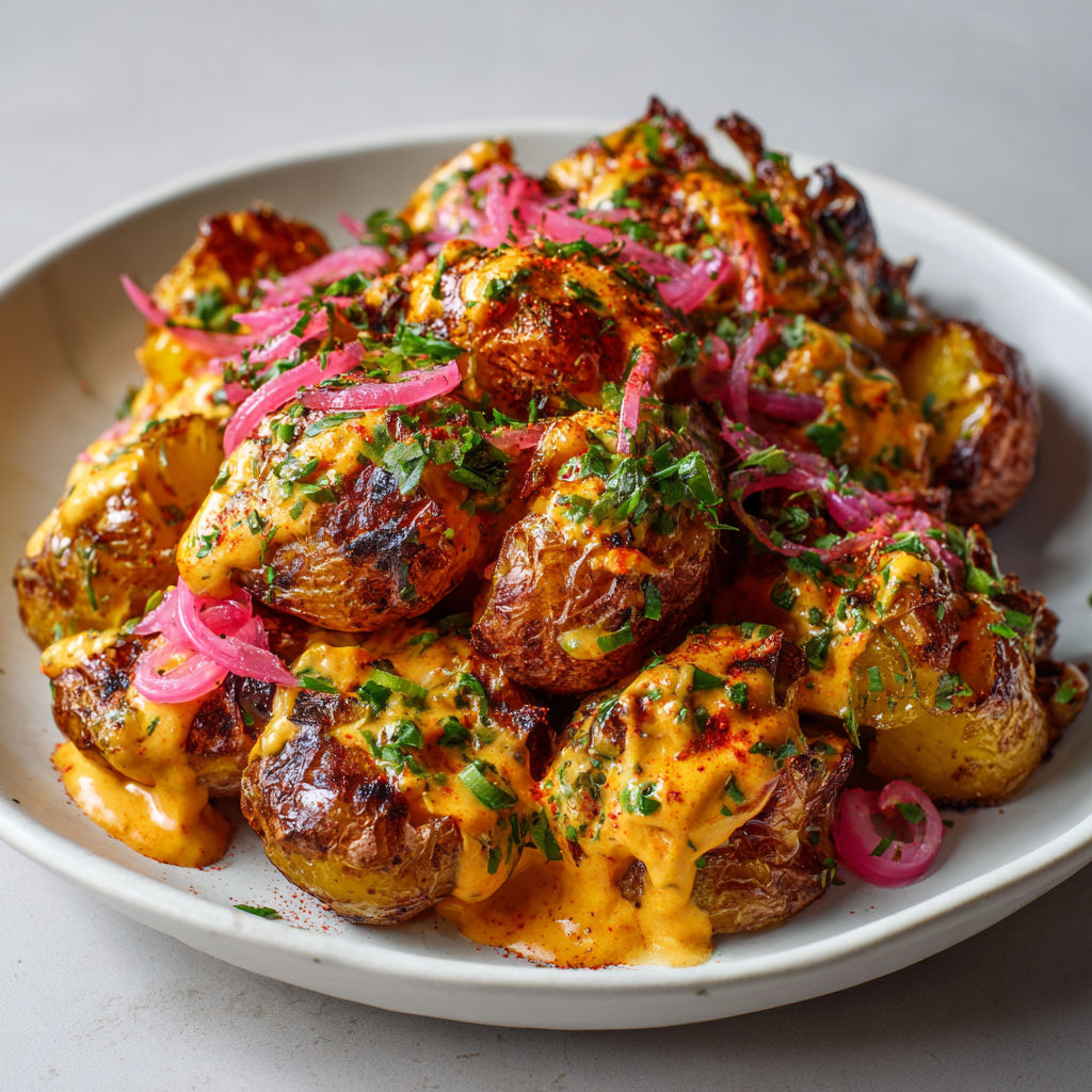Pommes de terre rôties bien croustillantes, servies avec une sauce vegan aux épices et des pickles d’oignon rouge acidulés.