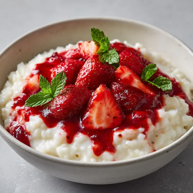 Bol de riz crémeux garni de fraises et de feuilles de menthe pour ajouter une touche de fraîcheur.