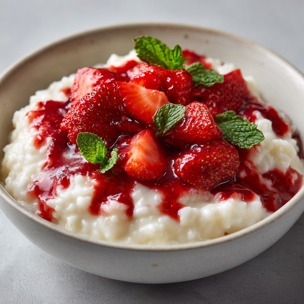 Riz au lait ultra crémeux à la vanille avec coulis et fraises fraîches, super réconfortant.
