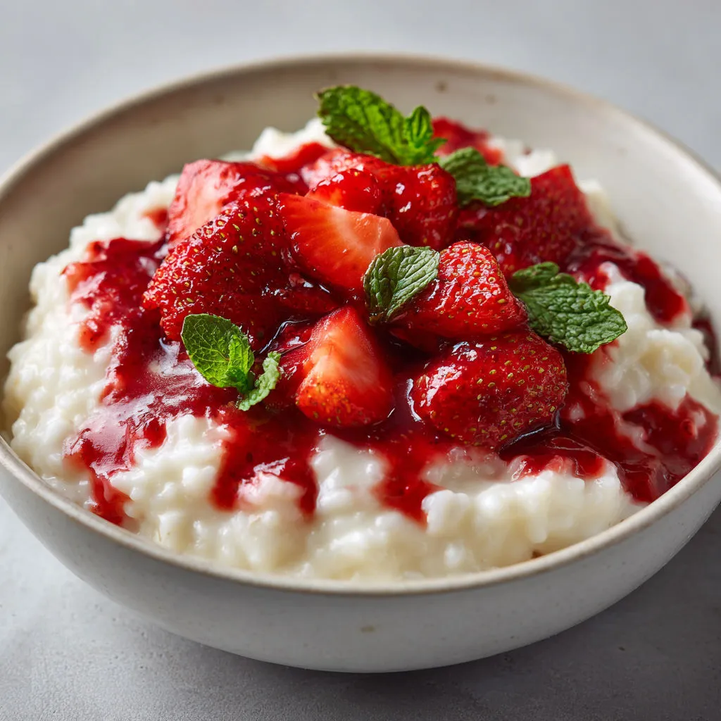 Riz au lait ultra crémeux à la vanille avec coulis et fraises fraîches, super réconfortant.