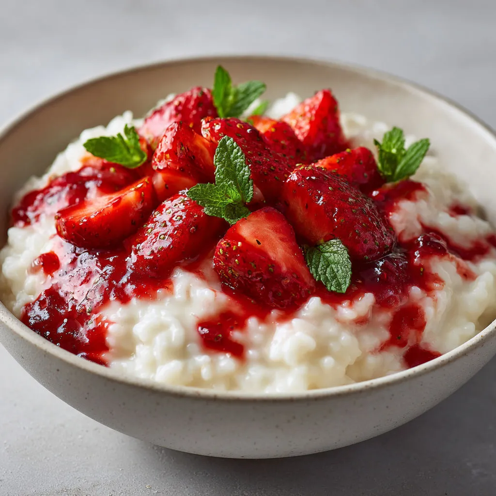 Riz au lait moelleux avec fraises, lait entier, crème et fruits rouges acidulés pour la gourmandise.