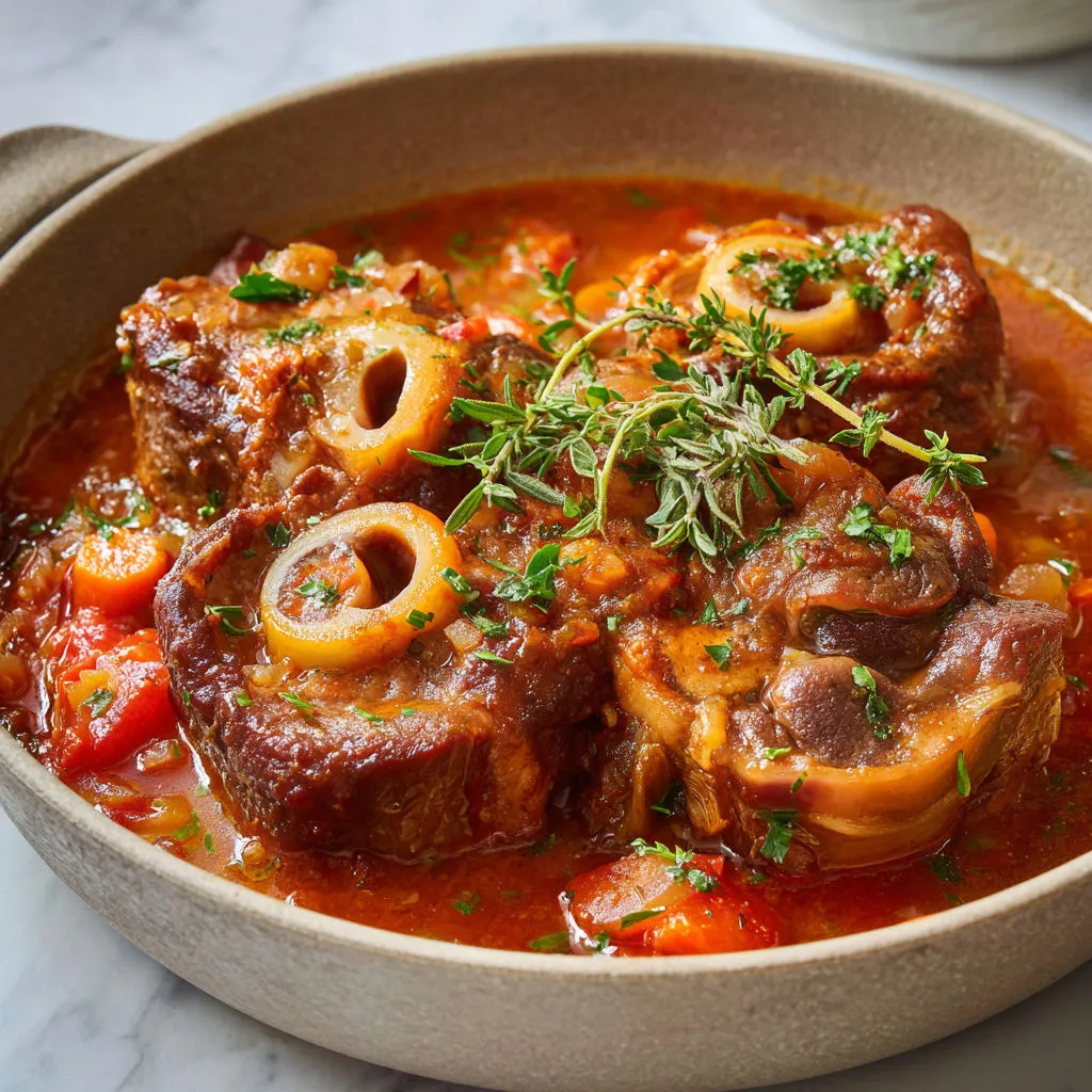 Osso buco sans gluten mijoté doucement, jarret de veau hyper tendre dans une sauce tomate au vin blanc et légumes.