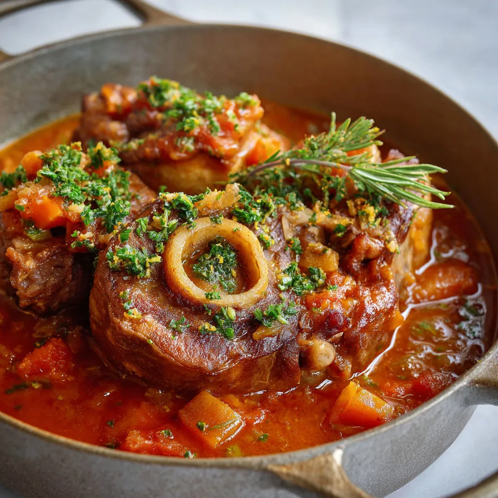 Jarrets de veau dorés tout doux, servis dans une sauce riche parfumée aux herbes, ail et citron.
