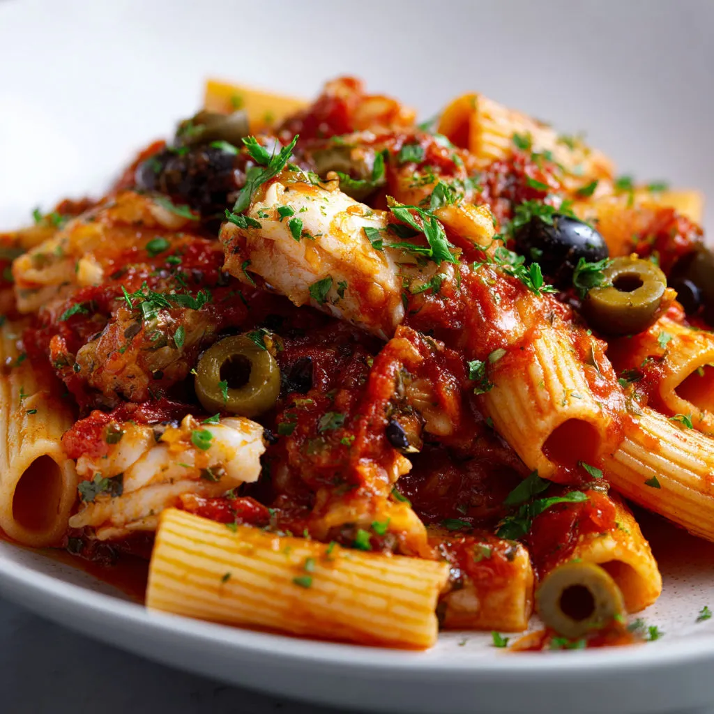 Un bon plat de poisson aux tomates et olives avec des pâtes bien nappées de sauce parfumée.