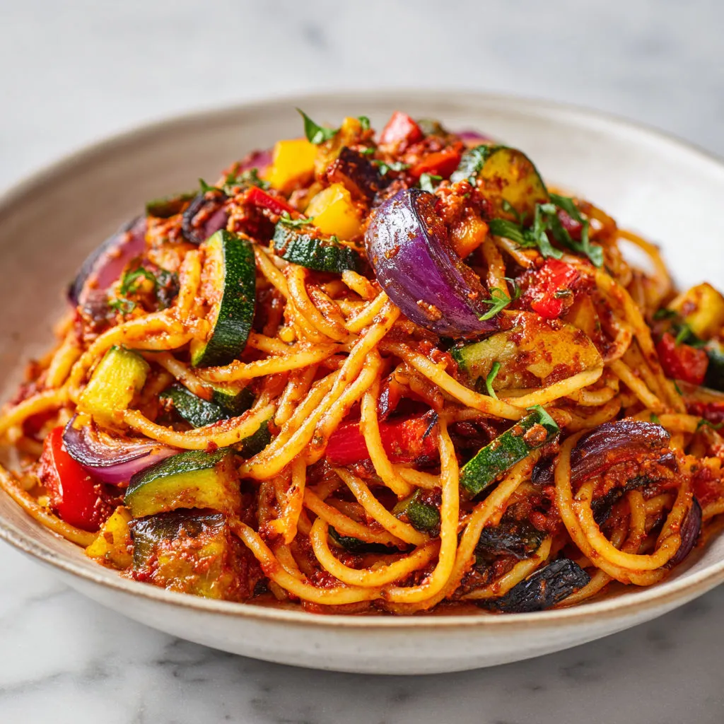 Spaghettis recouverts de pesto rouge bien relevé, mariés à des légumes grillés au four, un plat haut en couleurs plein de saveurs.
