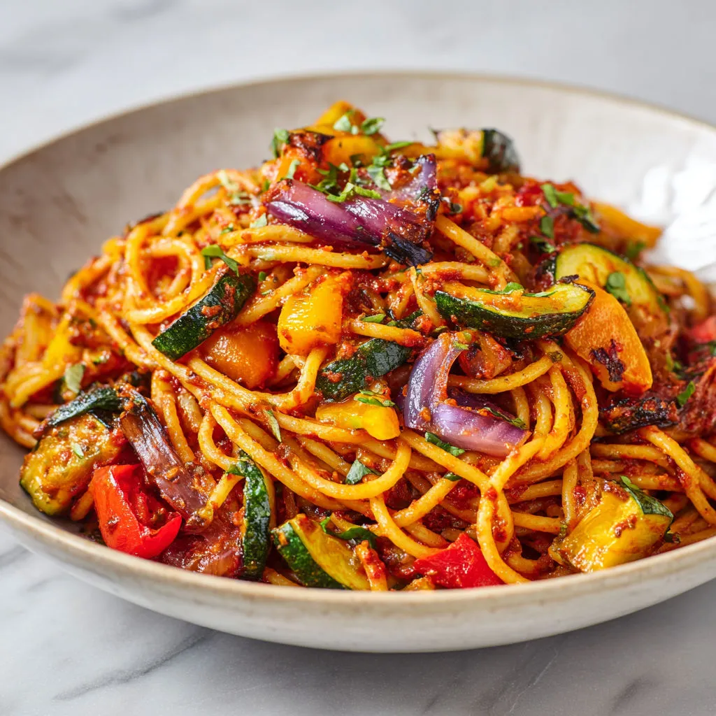 Spaghettis gourmands au pesto punchy, légumes rôtis fondants, mélange de textures et goûts qui dépote.