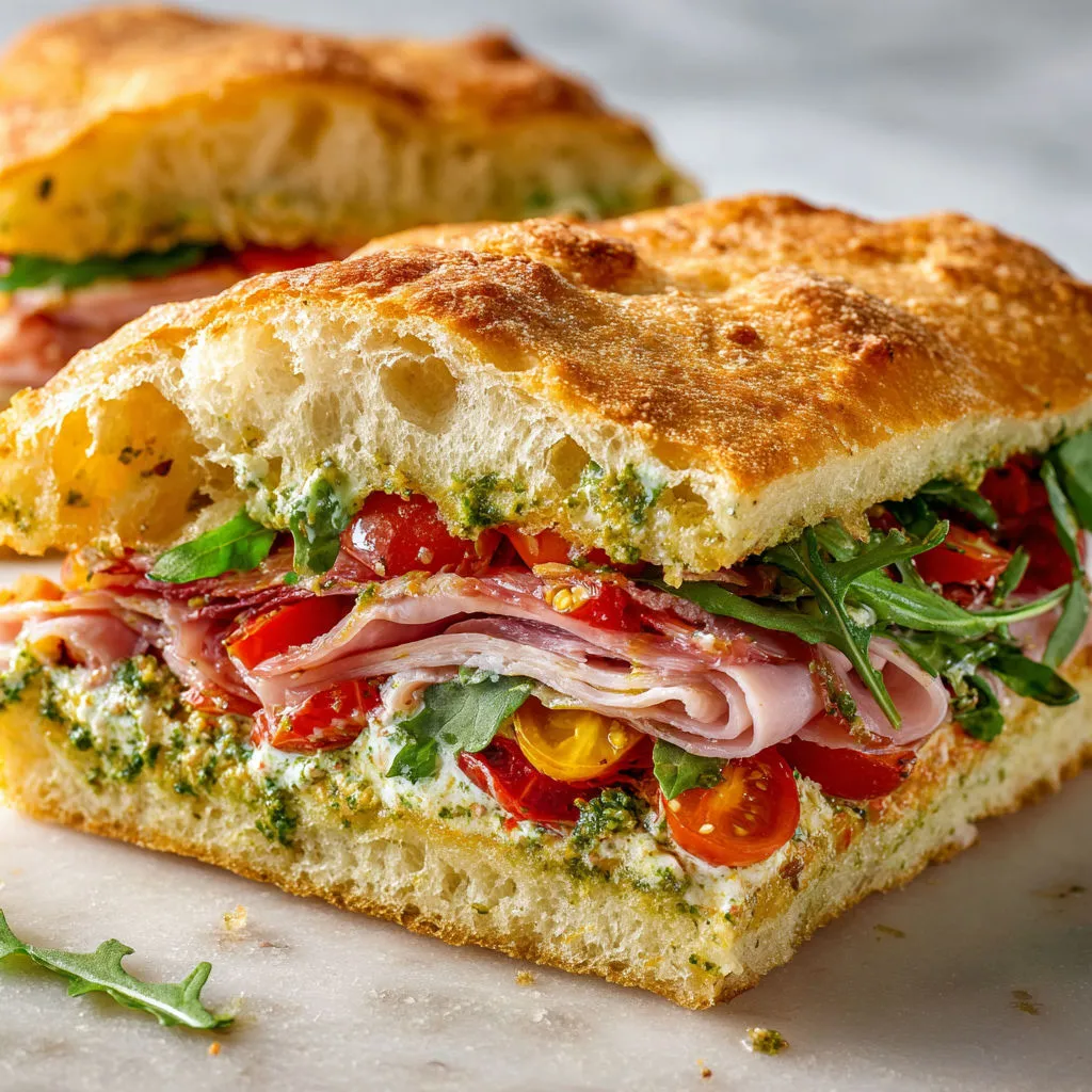 Focaccia garnie de pesto crémeux, charcuterie et salade croquante prête en un rien de temps.