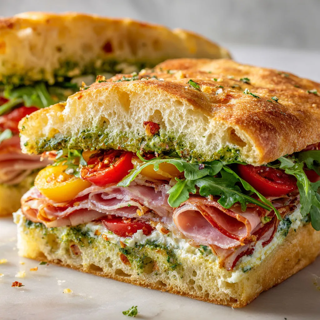Focaccia bien garnie avec pesto onctueux, tomates poêlées et verdure croquante, l’idéal pour déjeuner vite.